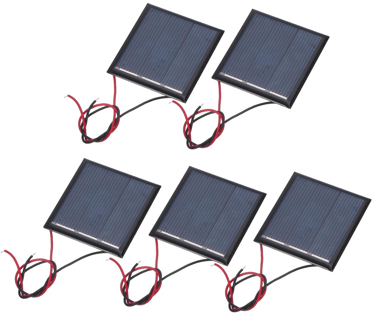 5 stuks miniatuur zonnepanelen, 1,5 V, 0,225 W, 150 mA, kleine polykristallijne zonnepanelen met 2 kabels voor elektrische speelgoedmateriaalsets, doe-het-zelf, oplader, 45 mm x 45 mm