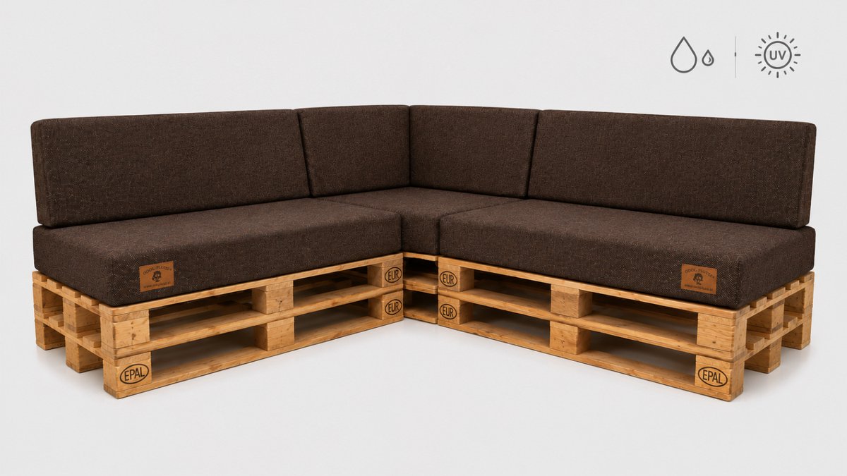 Palletkussenset Hoekbank 3-delig 120x80 cm + 40x120 cm – UV-bestendige Tuinkussens voor Palletbank met Hoekrugkussen – Linnenlook – Links – Bruin