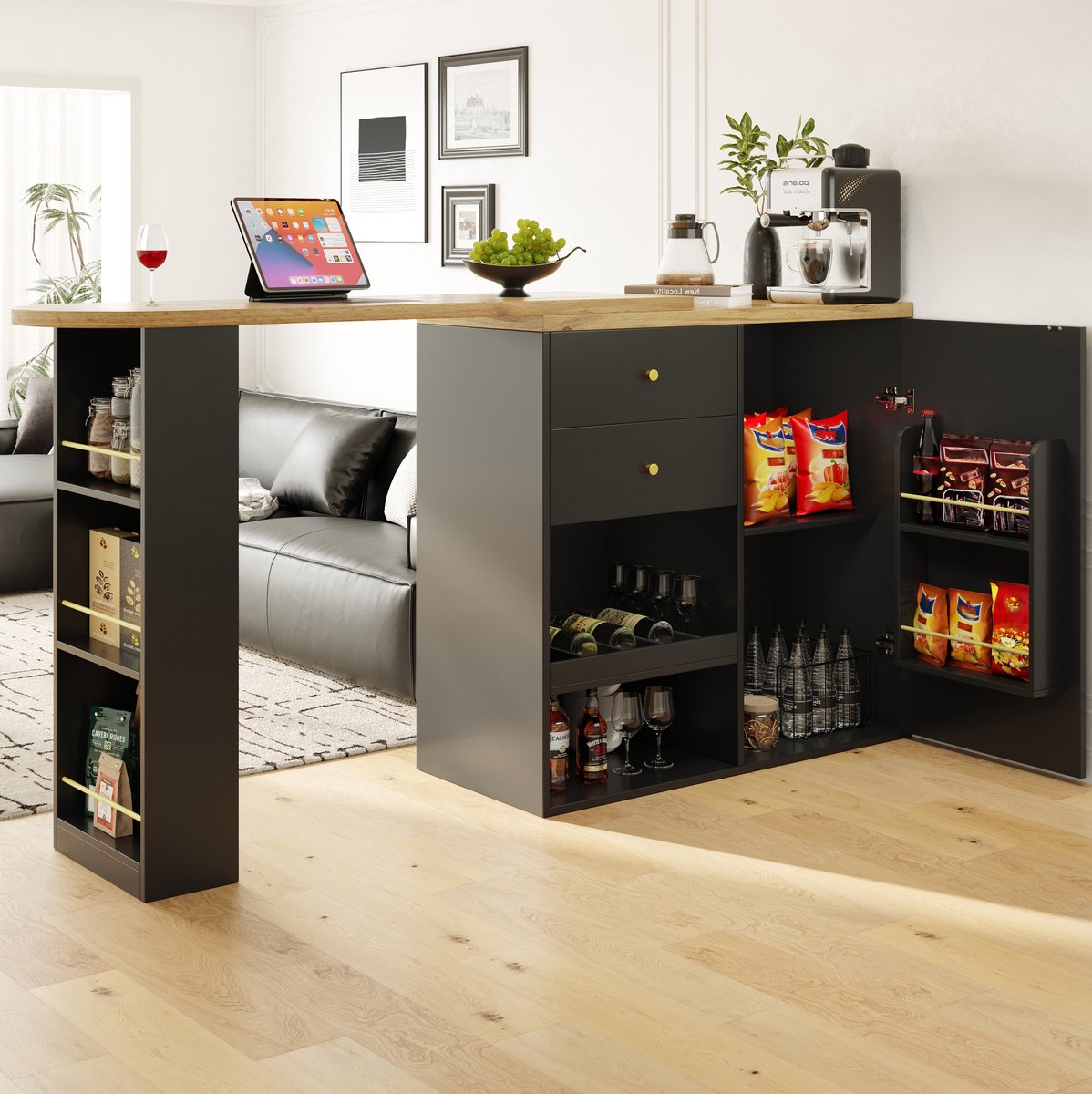 MEUNIQ draaibare keukenkast bar tafel 138 x 39 x 102 cm met open vakken, lades en schuifdeur, L-vormige opbergkast voor eetkamer, woonkamer of werkkamer, zwart