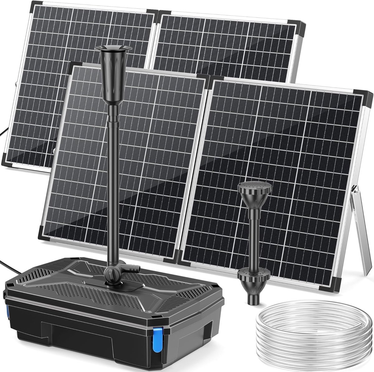 POPOSOAP 120W Solar Vijverfilter en Fonteinpomp Set – Een dompelpomp met een capaciteit van 6000 liter/uur-voorzien van een viertraps filtersysteem en drie sproeiers-geschikt voor tuinvijvers-aquariums en tuinwatervallen