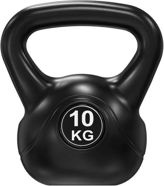 Zwarte kettlebell met een handvat. Het gewicht van 10 kg staat aangegeven op de voorkant.