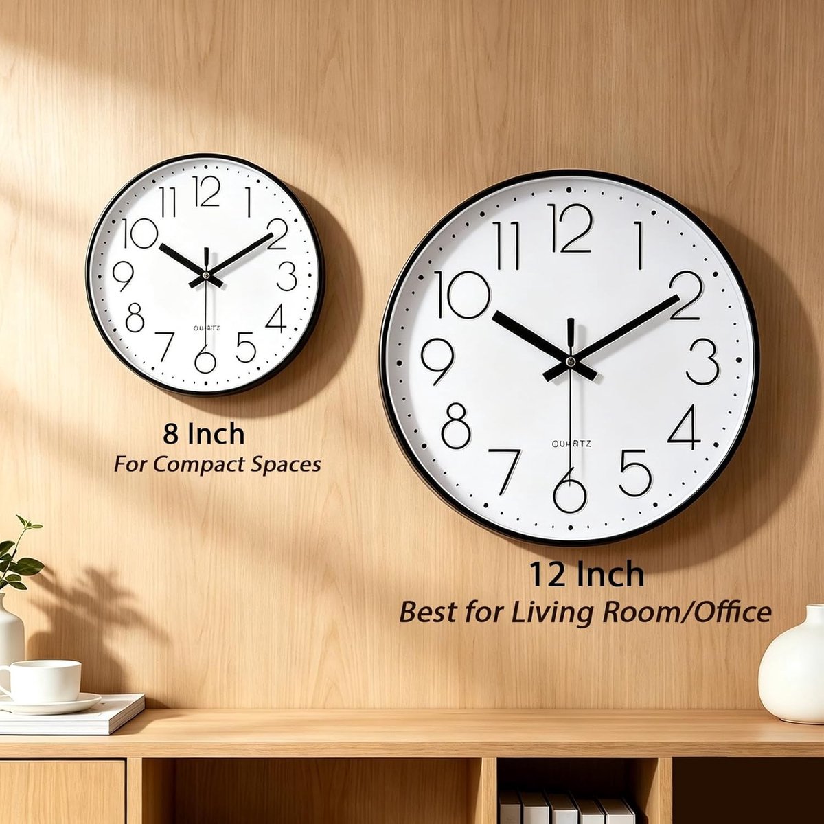 Wandklok - Zwart - Stille werking - Grote cijfers - Voor Slaapkamer, Keuken, Woonkamer