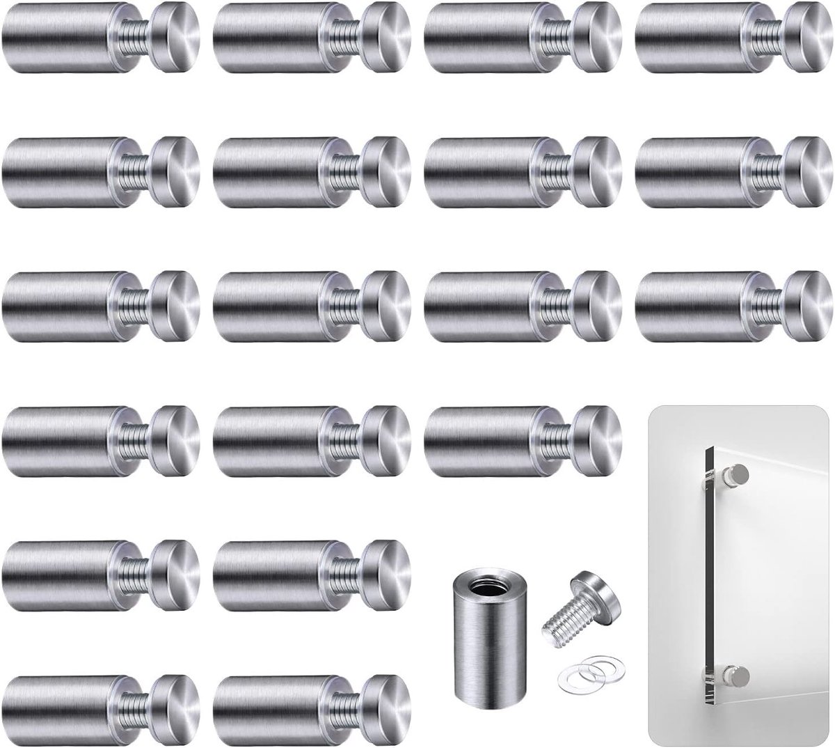 20 Stuks RVS Advertentie Schroeven voor Glasbevestiging - Distant Fixings, Bolthouders en Signaalspijkers (12 x 25mm)