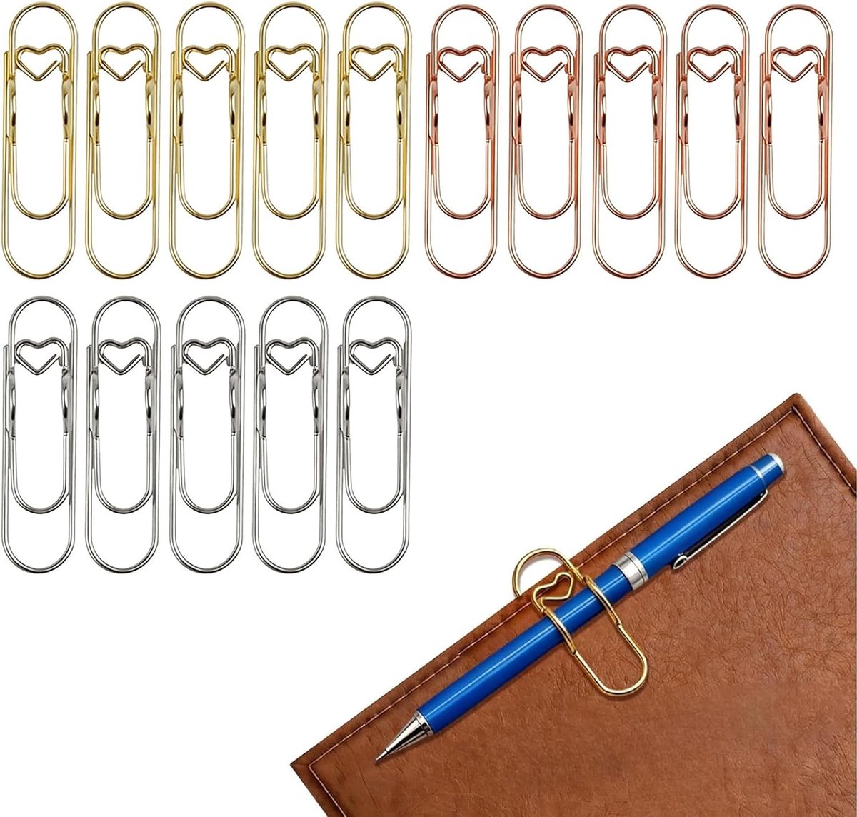 Kleurige Metalen Penhouder Clips - 15 Stuks Hartvormige Paperclips voor Notitieboeken, Kantoorbenodigdheden en Documenten