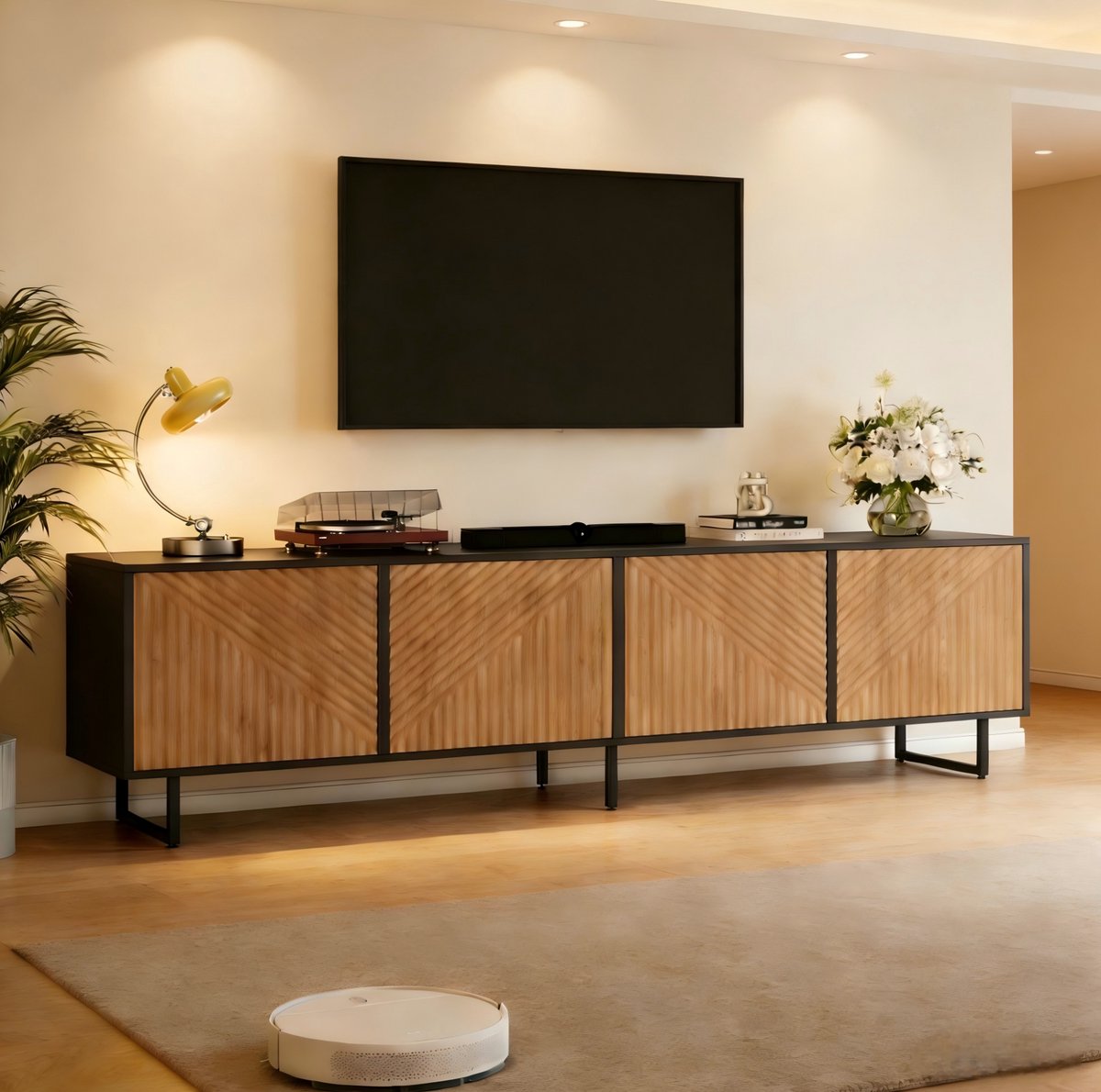 MEUNIQ TV-meubel 180 x 40 x 50 cm met 4 deuren en 4 opbergvakken, lowboard voor woonkamer, geschikt voor tv tot ca. 80 inch, naturel en zwart naturel hout