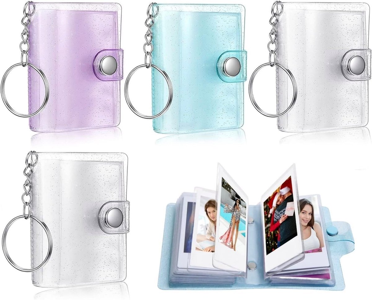 Set van 4 Mini Fotoalbums, Sleutelhangers en Kaarthouders - Compacte 5 cm Fotoalbums met 18 Compartimenten in 4 Kleuren, Perfect voor Herinneringen en Cadeaus
