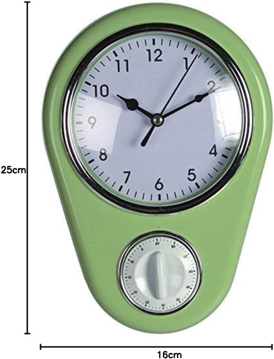 SnelShoppen - Retro wandklok 'Keuken' in 50s stijl met timer groen, quartz uurwerk, kunststof, 22.5 x 16 x 4.5 cm, perfect voor in de keuken