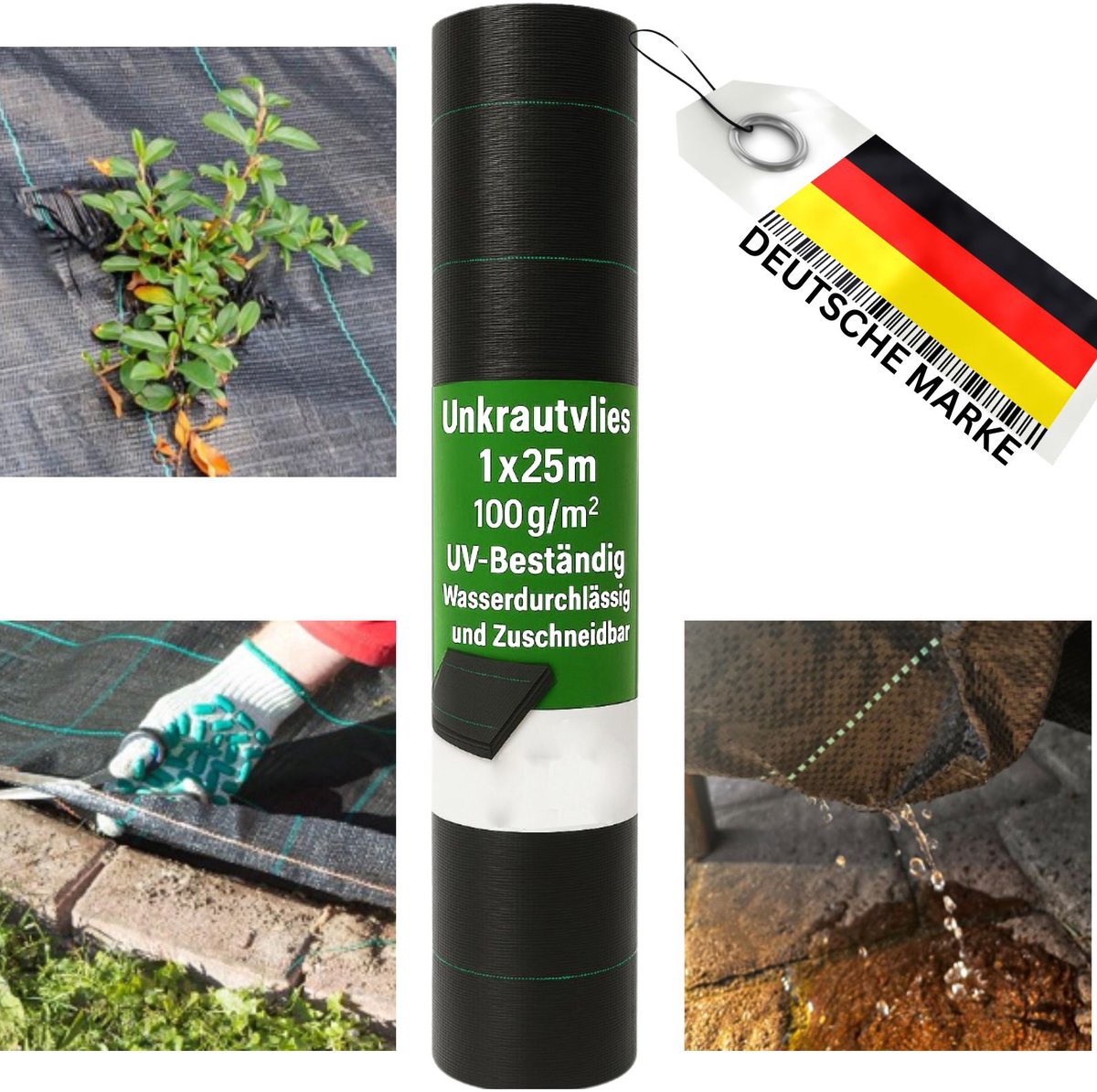 FAMEX Onkruidvlies 2 x 5 m, 100 g/m² Tuinvlies, UV-bestendig, waterdoorlatend & scheurvast, Anti-worteldoek voor tuin, paden, grind & verhoogde bedden