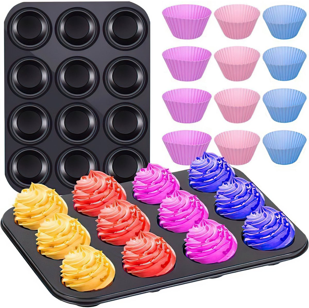 2x Muffin Bakvorm 12 Cups met 24 Siliconen Cupjes - Cupcake Bakvorm - Muffinvorm - Anti-aanbak Bakplaat - Carbonstalen Bakvorm voor Cupcakes, Muffins, Brownies en Mini Taarten