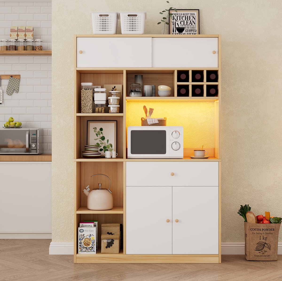 MEUNIQ Keukenkast 115 x 35 x 180 cm met LED, 1 lade, 3 deuren, open schappen en ruimte voor magnetron, keukenbuffet en opbergkast voor keuken of eetkamer, wit naturel
