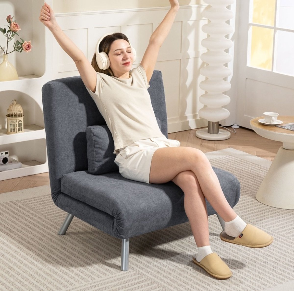 STILVORA Fauteuil 80 x 75 x 83 cm - 2-in-1 Slaapstoel Met Bedfunctie En Verstelbare Rugleuning - Voor Woonkamer En Logeerkamer - Stof Donkergrijs