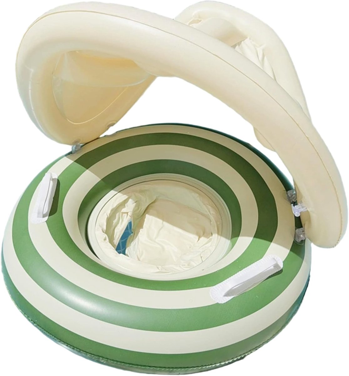 LISM-Kinderzwemband met afneembaar zonnescherm en antisliphandvat, retro gestreept design, groen.