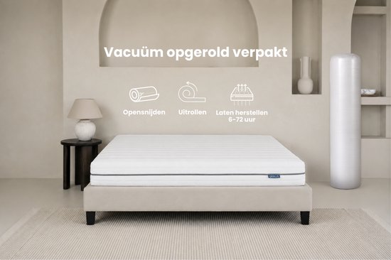 Wit matras met horizontale lijnen op een beige bedframe in een lichte kamer. Tekst en iconen tonen 'Vacuum opgerold verpakt'.