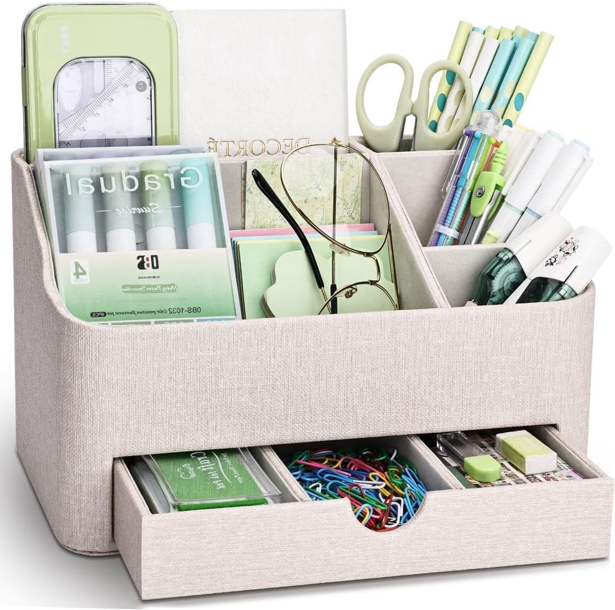 Multifunctionele Leren Bureau Organizer met Laden voor een Opgeruimde Werkplek (Beige)
