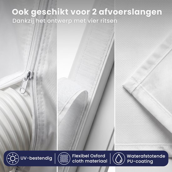 Drie details van de airco raamafdichtingskit: uv-bestendig, flexibel Oxford doekmateriaal en waterafstotende PU-coating.