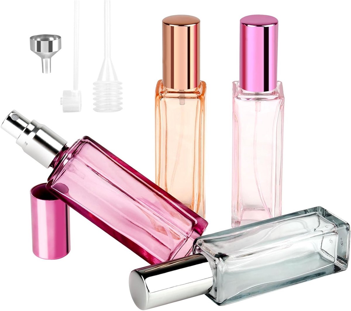 Set van 4 Vullingen voor Parfum Atomiser - Herbruikbare Glazen Flesjes van 20 ml, Ideaal voor Reizen, Geschikt voor Mannen en Vrouwen (Oranje, Paars, Grijs, Roze)