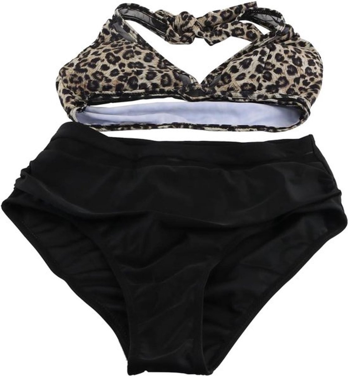 dames hoge taille bikini - luipaardprint - halter hals - tweedelig set - conservatieve stijl - zwemplezier - geschikt voor zomervakantie - zwart met beige accenten.
