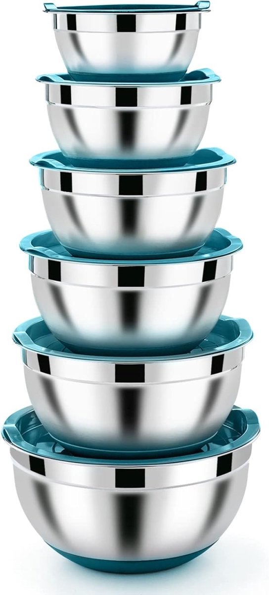 Roestvrijstalen Mengkom Set van 6 met Deksel - Donkerblauw - RVS Mengkommen voor Keuken, 6 Verschillende Maten, Vaatwasserbestendig