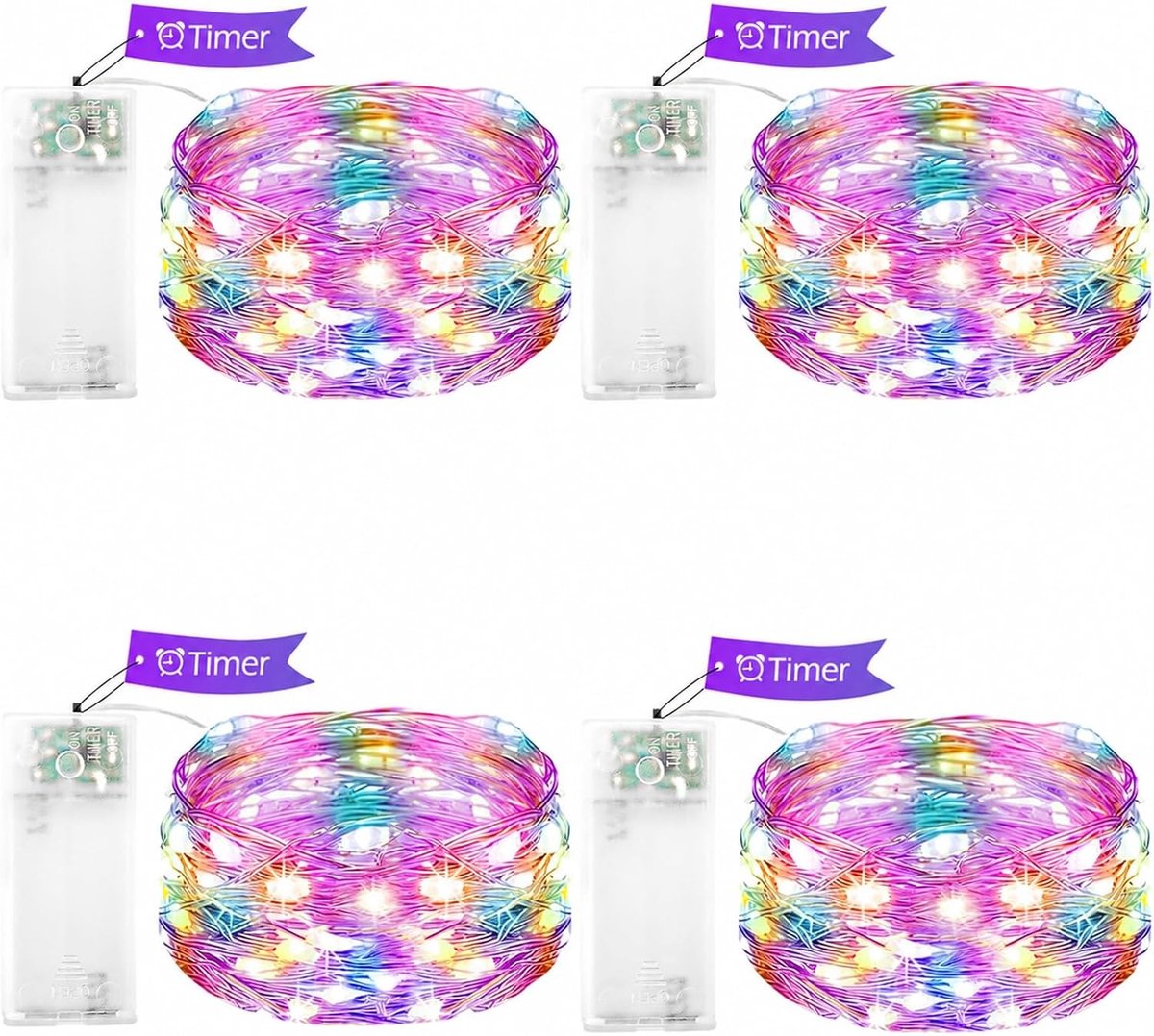Set van 4 LED Sfeerverlichting op Batterij met Timer - 3 m, 30 LED Koperen Draad Lichtjes voor Binnen - Kleurrijke Decoratie voor Kerst, Halloween en Bruiloften