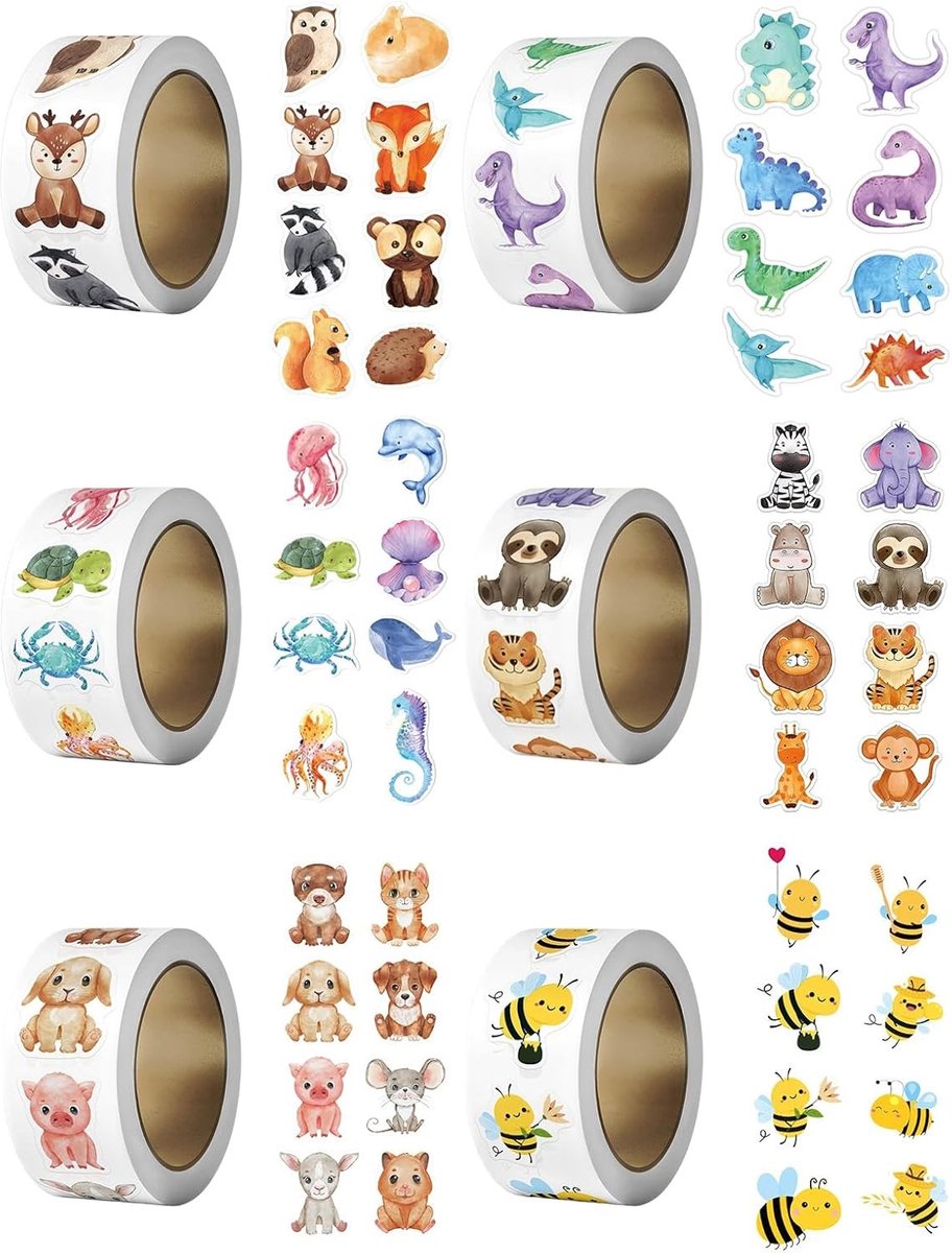 3000 Stuks Beloningsstickers voor Kinderen, Zelfklevende Ronde Motivatie Stickers met Cartoon Dieren en 48 Verschillende Patronen voor Onderwijs en Activiteiten