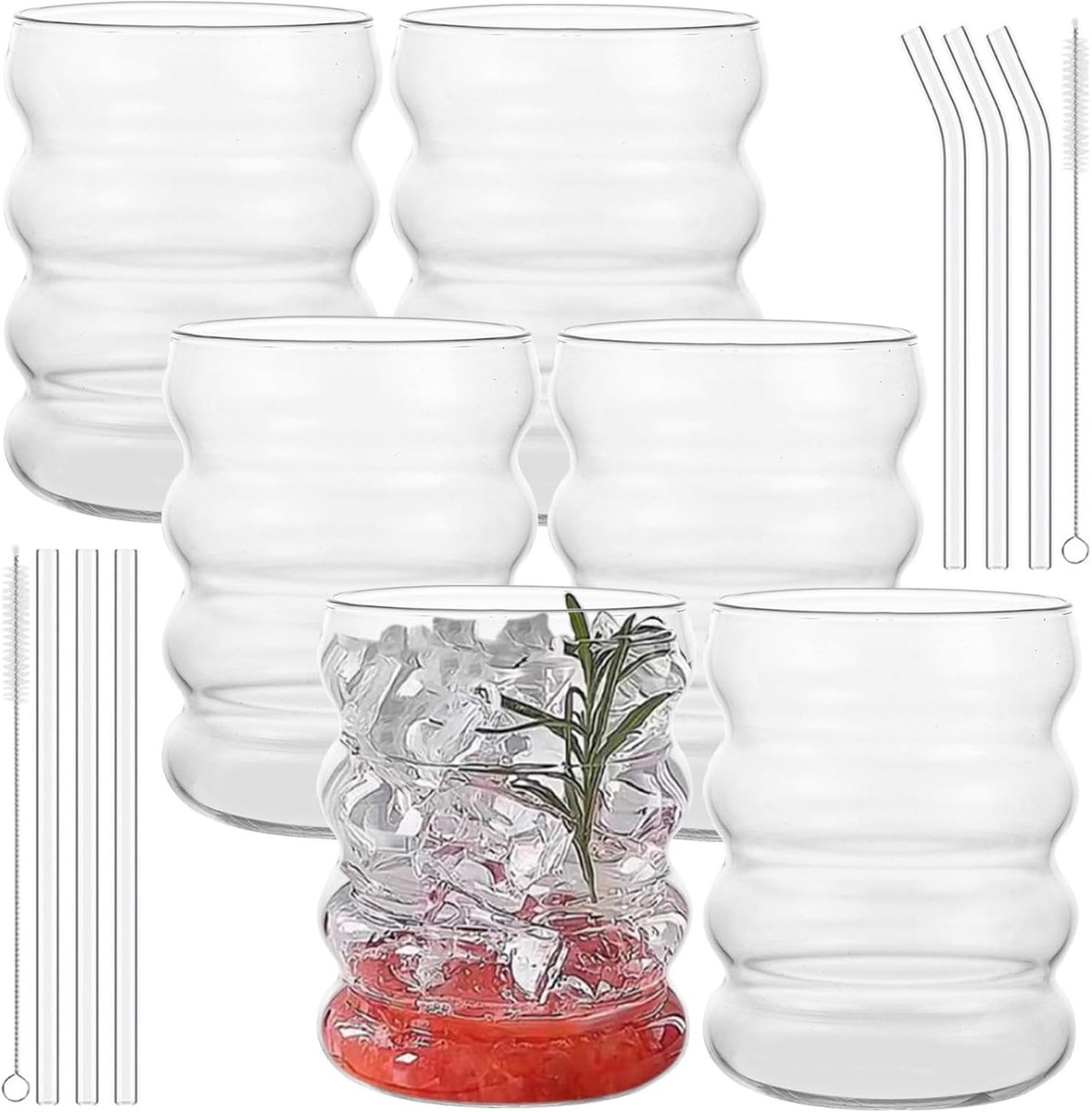Set van 6 Transparante Drinkglazen met Rietje, Spiralen, 350ml - Ideaal voor Sap, Cocktails en Water bij Feestjes en Thuisgebruik