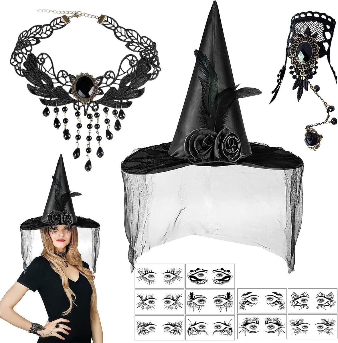 Dames Halloween Kostuum met 13-delige Toebehoren, Inclusief Zwarte Hoed, Gothic Franje, Kanten Armbanden en Gezichtstatoeages voor Carnaval en Maskerparty