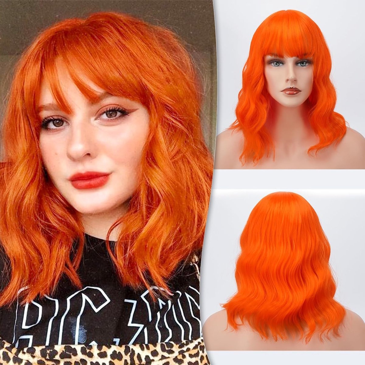 Korte Bob Perucque met Pony, Schouderlengte Krullend en Golvend voor Cosplay en Feest, Licht Oranje Kleur