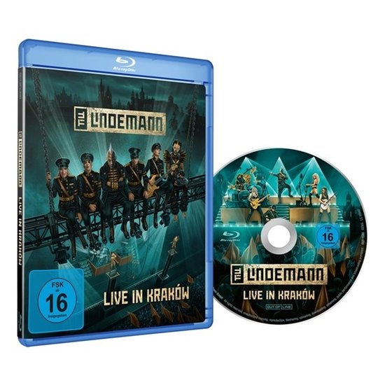 Blu-ray hoes en disc van Lindemann - Live in Krakow. Groep in militaire outfits op een podium.