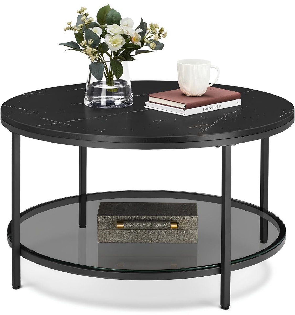 Lion® Salontafel - Maximaal Gewicht 30 kg - Salontafel Rond - Salontafels - Marmerzwart - 80cm x 80cm x 46cm