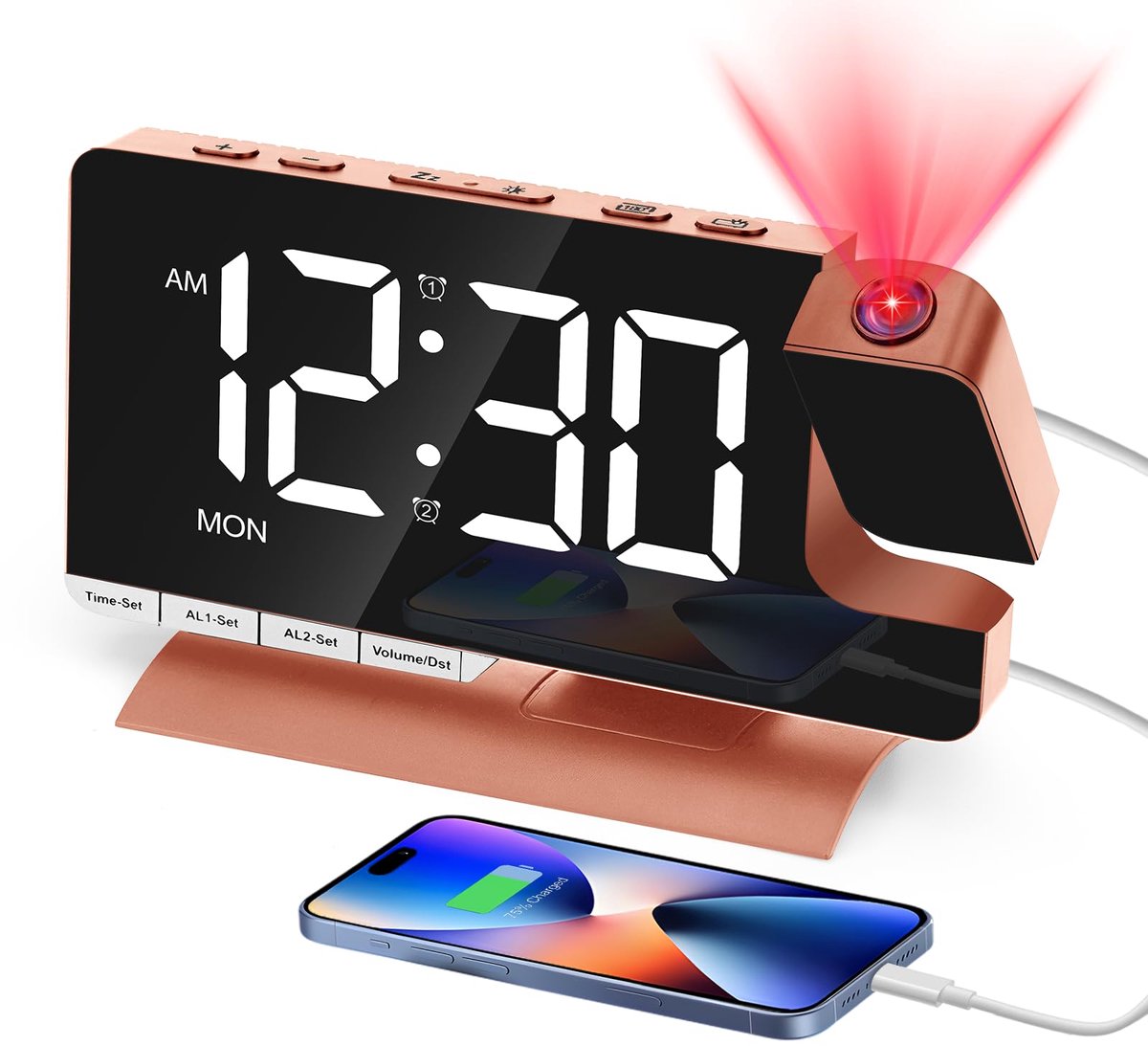 Projectorwekker 19,9 cm - led-spiegel digitale bureauklok - 2 alarmen en snooze - perfect voor een goede nachtrust - ShopVlot