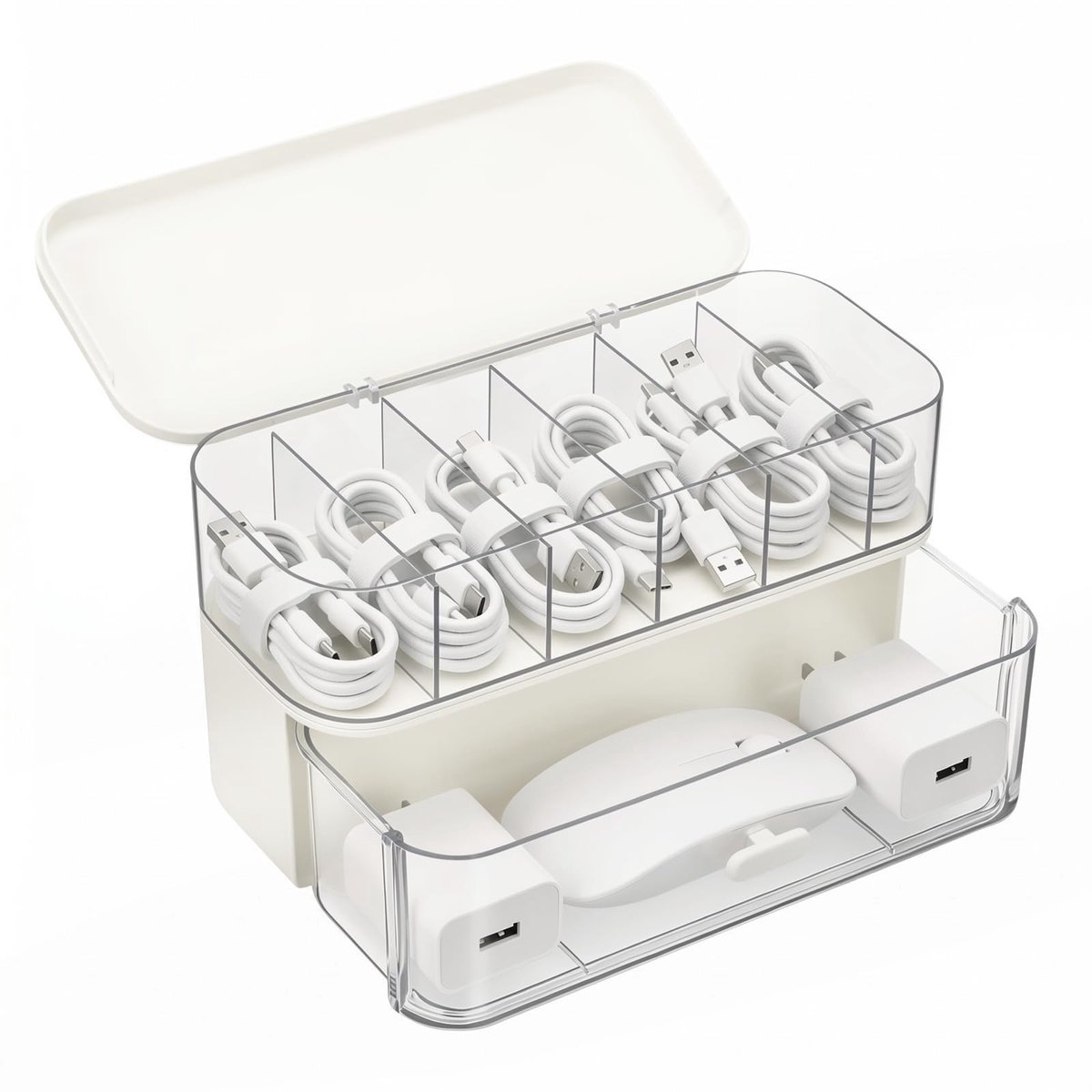 Kabelorganizer met deksel en 6 vakken - set van 2 - kabelhouder voor USB en oplader - perfect voor thuis of bureau - ShopVlot