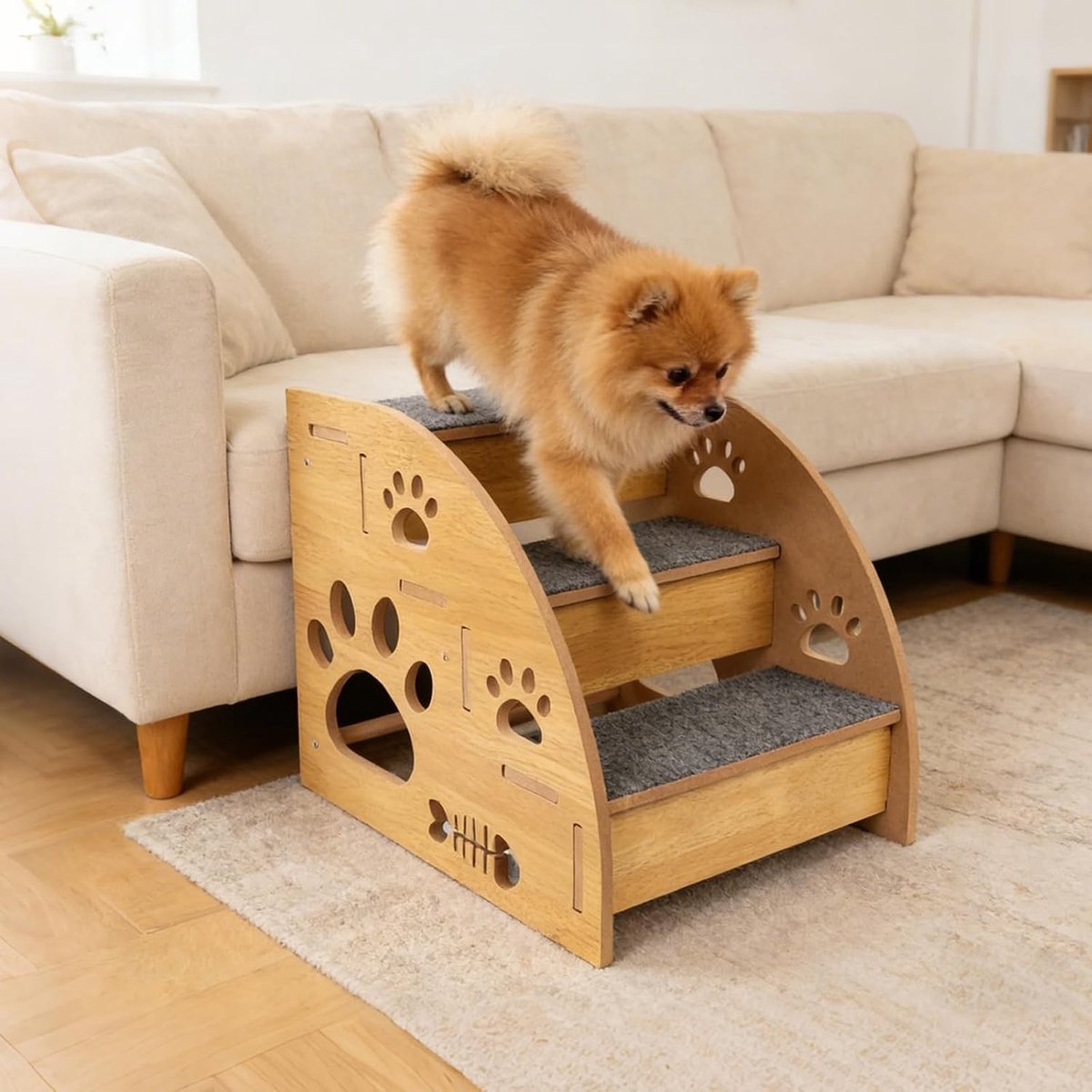 Houten Huisdier Trap voor Kleine Honden en Oude Katten, 3 Treden, Antislip, Geschikt voor Bed, Bank en Balkon, 30 x 40 x 35 cm