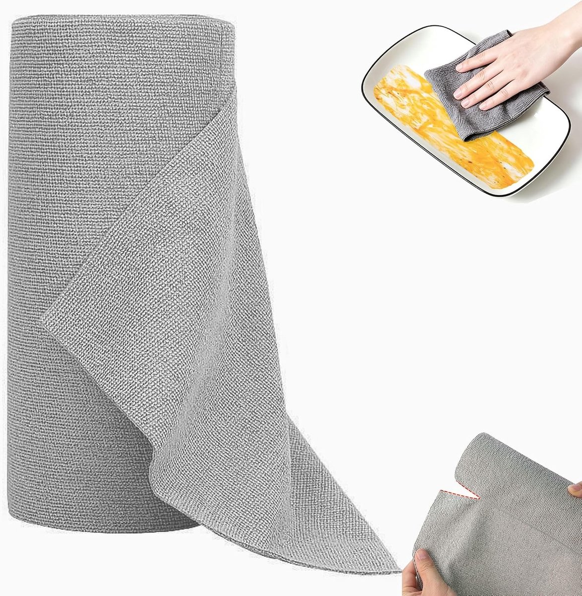 Afscheurbare microvezel reinigingsdoeken rol - 50 stuks pluisvrije poetsdoeken 30 × 30 cm voor auto, keuken en huis, herbruikbare en absorberende vaatdoeken in lichtgrijs