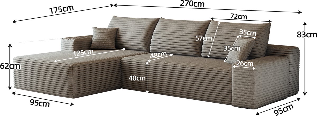 DESMIU Hoekbank 270 Cm - L-Vormige Chaiselongue - Modulaire Bank Zonder Montage - Voor Woonkamer, Slaapkamer En Appartement - Stof - Camel