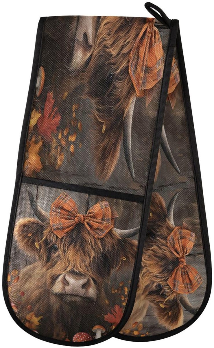 Ovenhandschoenen dubbele ovenhandschoenen - Highland Cow Bow - hittebestendig - ideaal voor koken en bakken - ShopVlot