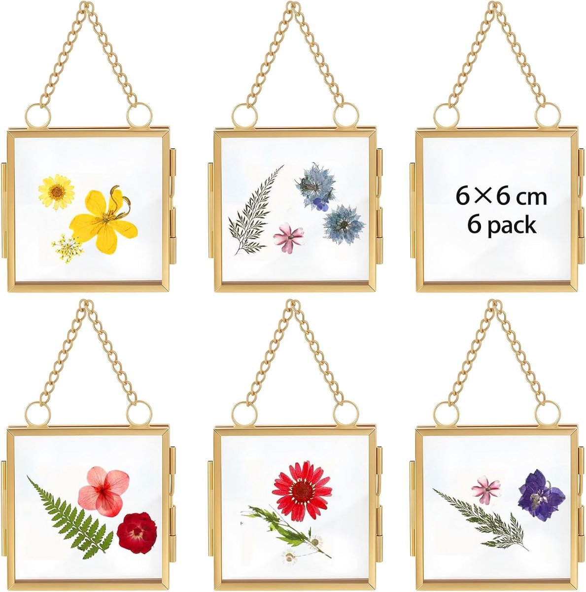 6 stuks hangende mini-fotolijsten, dubbelzijdig glasgeperst bloemframe met ketting, drijvende metalen gouden fotolijst - ShopVlot