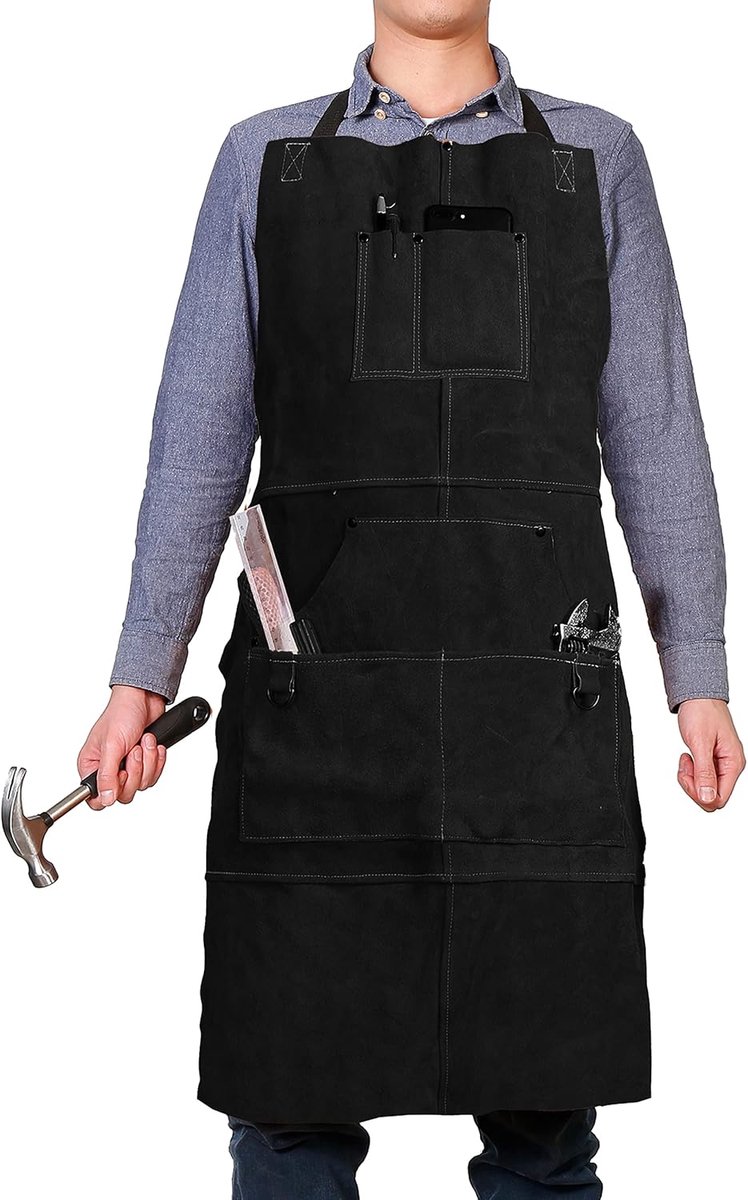 QeeLink Leather Welding Apron with 6 Tool Pockets, Heat and Flame Resistant Apron, 61 x 91 cm, Adjustable M to XXXL - ShopVlot