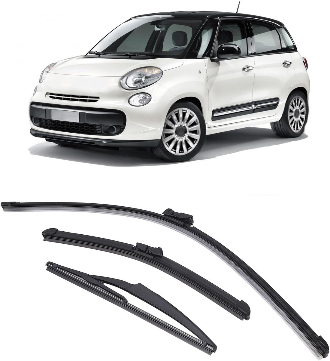 Set van 3 Ruitenwisserbladen voor Voor- en Achterzijde - Geluidsreducerend Rubber, Eenvoudige Installatie voor Fiat 500, 500C en 500L (2009-2023)
