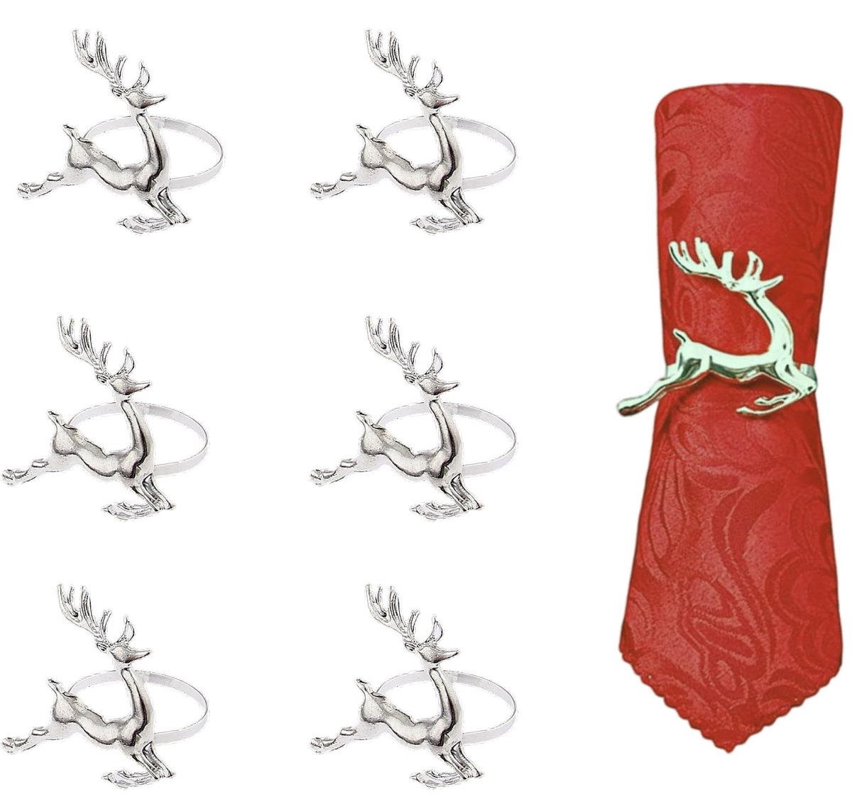 Servet ringen - 6 stuks - zilver - rendier ontwerp - feestelijke tafelsetting - ShopVlot