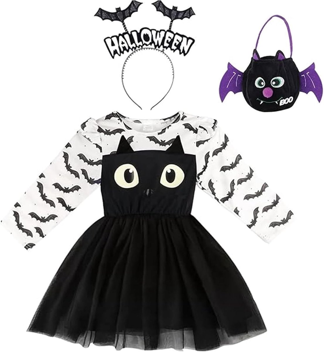 3-delig Halloween kostuum voor kinderen, glow-in-the-dark vleermuis met haarband en tas, perfect voor feesten en cosplay