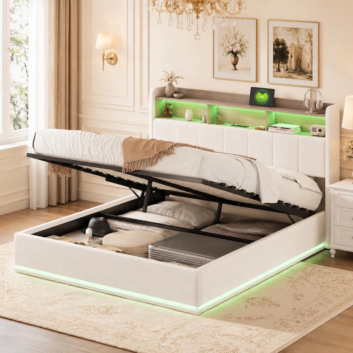 China Gestoffeerd bed - 160 x 200 cm - met opbergruimte hoofdeinde - led-tweepersoonsbed met bedlade - tienerbed met USB-oplaadfunctie - hydraulisch opbergbed - functioneel bed met lattenbodem - wit - zonder matras