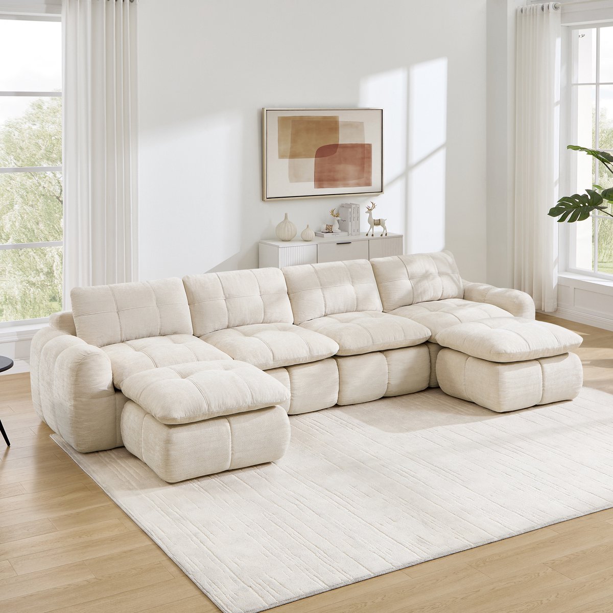 DESMIU U-Bank 334 x 160 cm - 4-Zits Modulair Met 2 Hockers - Vrij Combineerbaar Voor Woonkamer En Appartement - Chenille Beige