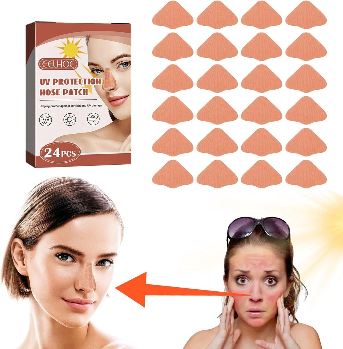 Pack van 24 Neusbeschermingsstrips voor de Zon - UV-bescherming, Outdoor Sport, beige Neuspleisters, 9 cm