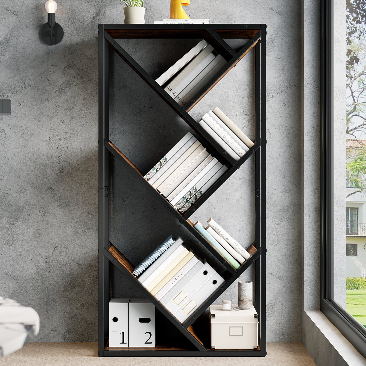 Wishdor Boekenkast - Boomvormig open design met 8 niveaus - Anti-kantel - Voor woonkamer, slaapkamer en kantoor - MDF en staal - Zwart bruin - 80 x 35 x 160 cm