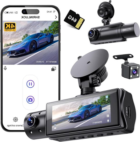 3 Kanaals Dashcam - Auto Camera - Rij Veiligheid - 4K WiFi Nachtzicht - 64GB Inclusief - Zilver