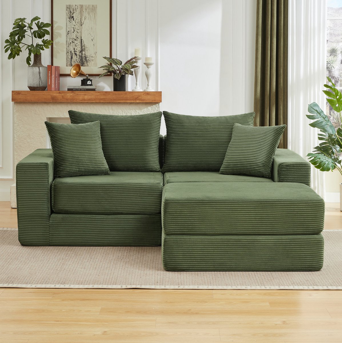 MODENUIT Bank 259,5 x 96 x 80 cm - Modulaire Slaapbank - 3-Zits - Woonkamer En Slaapkamer - Ribstof - Groen
