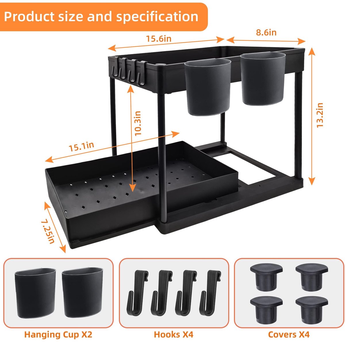 Keukenorganizer 2 etages - ondergootsteenrek - met haken en bekers - optimaal ruimtegebruik - ShopVlot