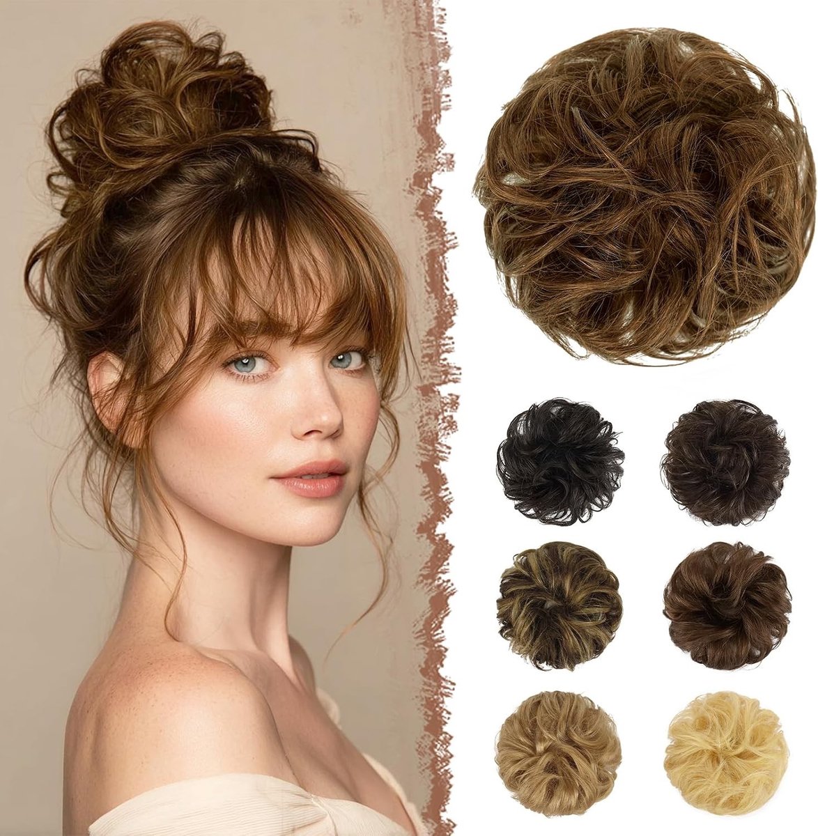 Natuurlijke Wavy Haarstuk voor Vrouwen, 100% Menselijk Haar, Messy Bun Haarstuk voor Updo en Ponytail, Chocolade Lichtbruin