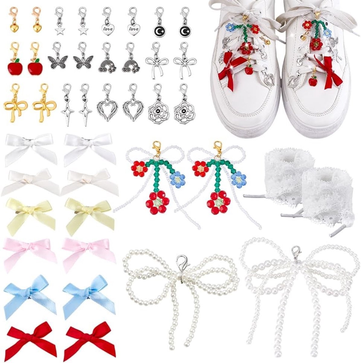 44 Stuks Decoratieve Schoen Charms voor Veters - Parels, Strikken en Clips voor Sneakers, Slippers en DIY Clogs