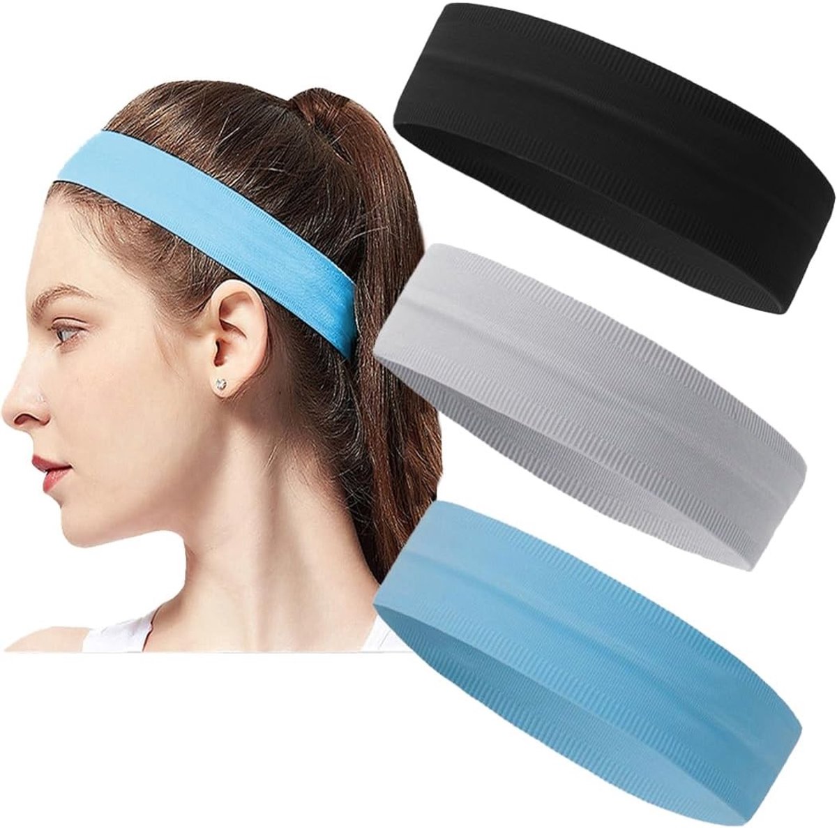 Set van 3 Antislip Elastische Bands voor Hardlopen, Fietsen, Yoga en Basketbal in Zwart, Grijs en Blauw